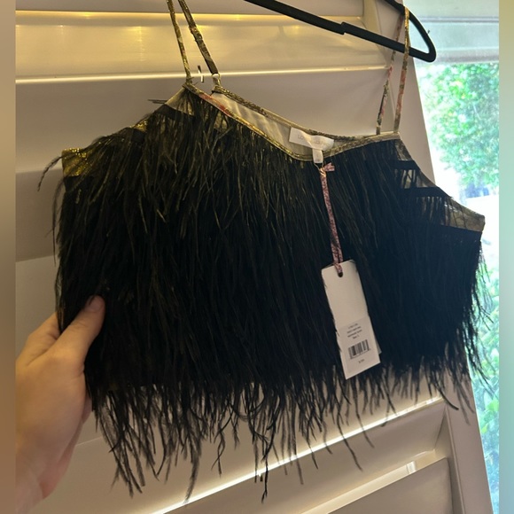 LoveShackFancy Womens Dusty Black Feathers Metallic Trim Crop Cami Top NWT - Picture 1 of 4